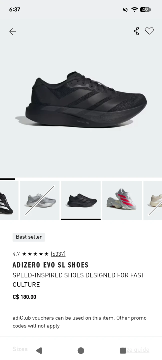 50% OFF Adidas Adizero Evo SL Black  running shoe