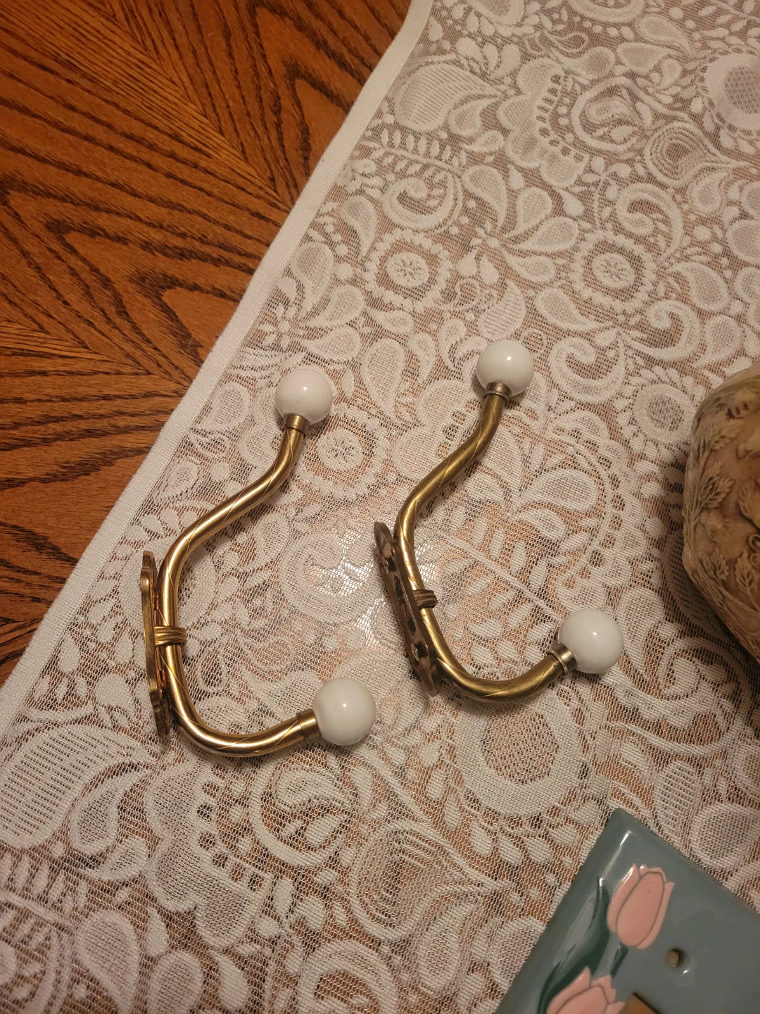 Vintage Brass Wall Hooks with White Ceramic Knobs - photo 2