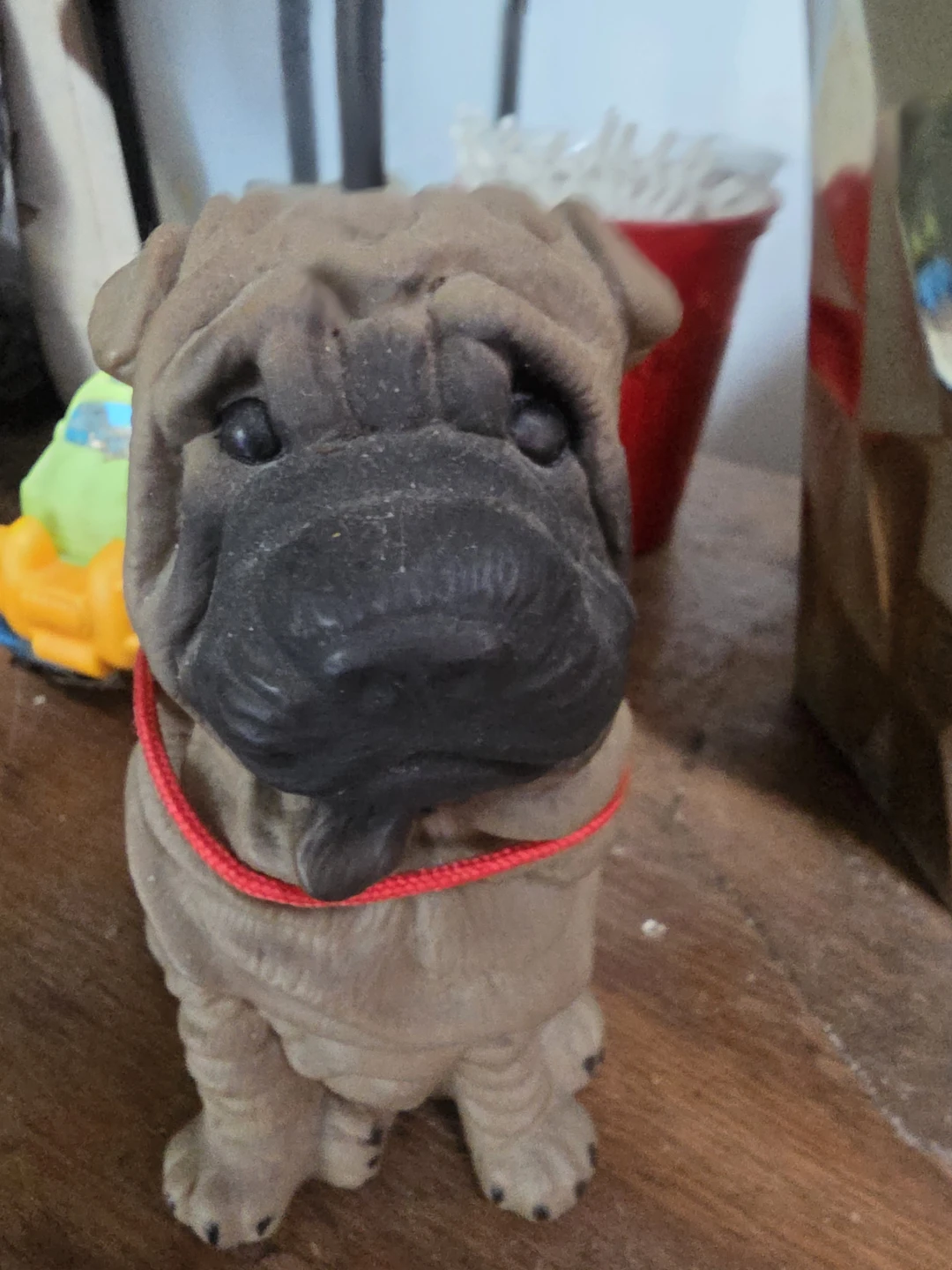 Shar Pei Dog Figurine with Red Rope Necklace