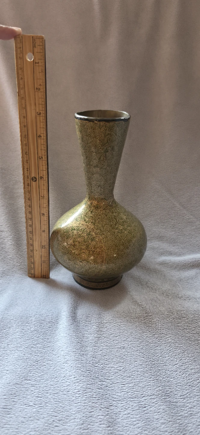 Green patterned brass bud vase