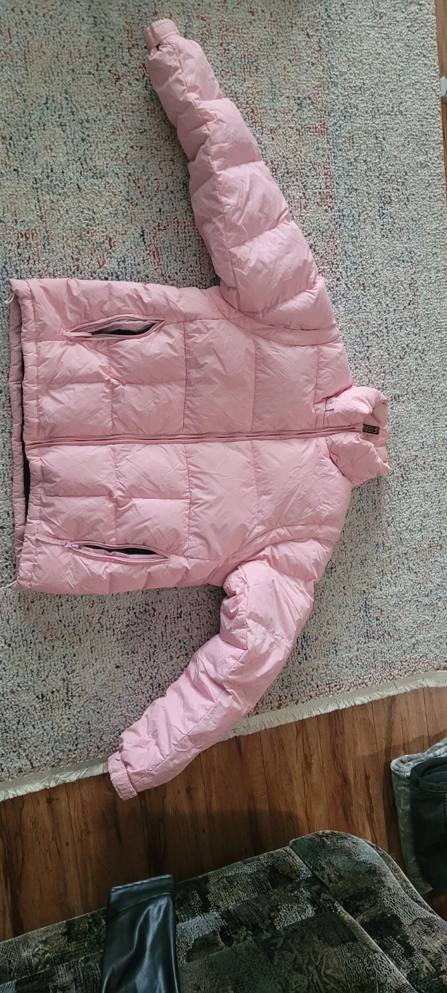 Pink puffer winter jacket.