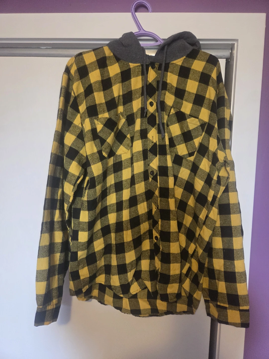 Yellow and Black Plaid Hooded Flannel Shirt XL