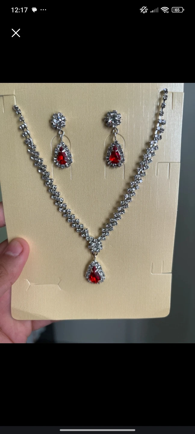 Rhinestone Necklace and Earring Set with Red Gemstones