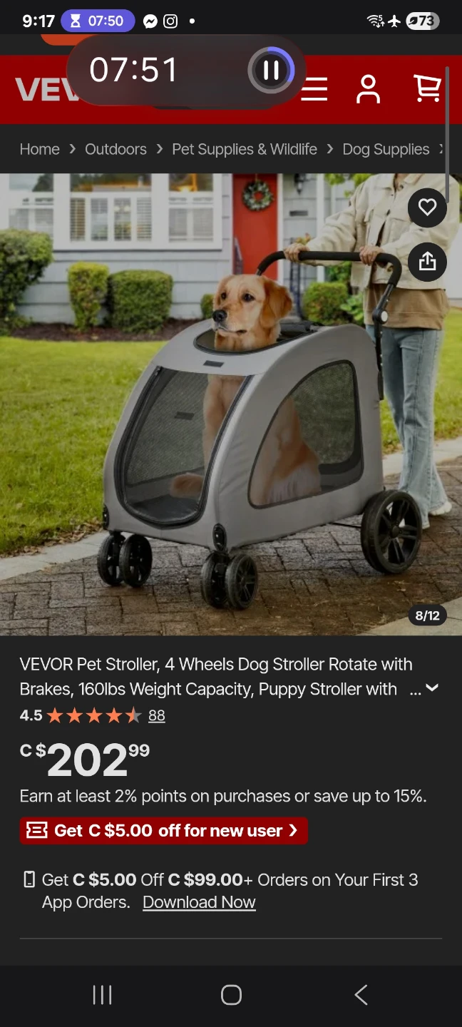 VEVOR Pet Stroller, 4-Wheel Brakes 160lbs