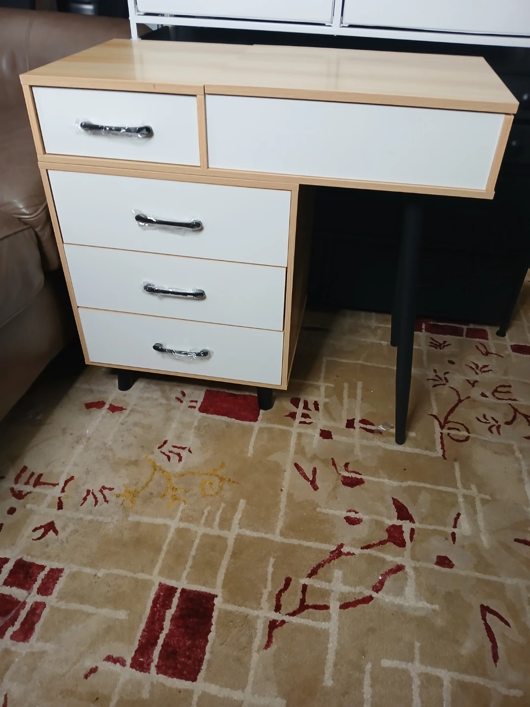 Modern White and Wood Vanity Desk with LED Mirror