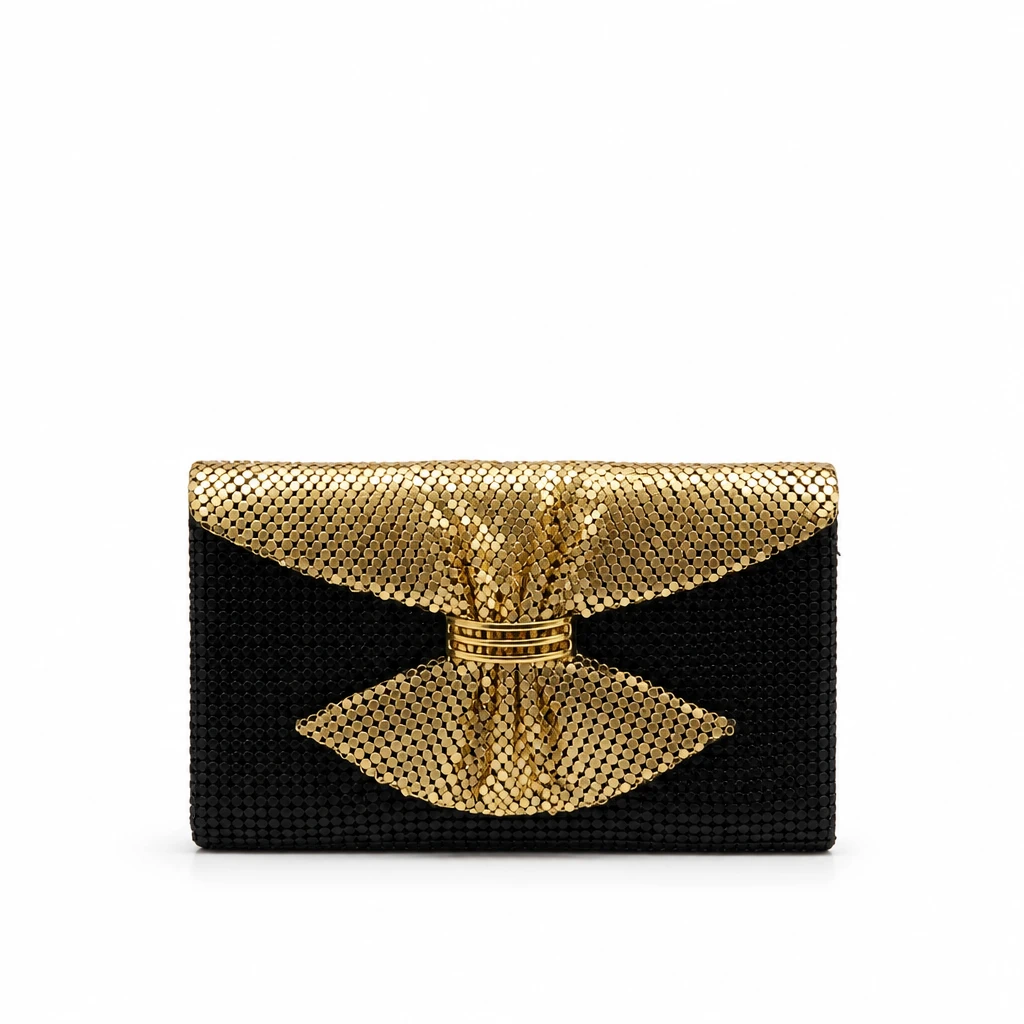 Black & Gold Mesh Bow Clutch Handbag - photo 4