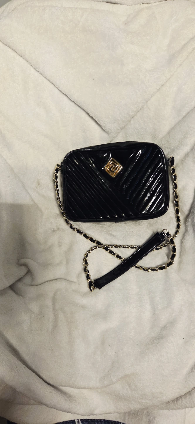 Black Patent Leather Crossbody Bag with Gold Chain