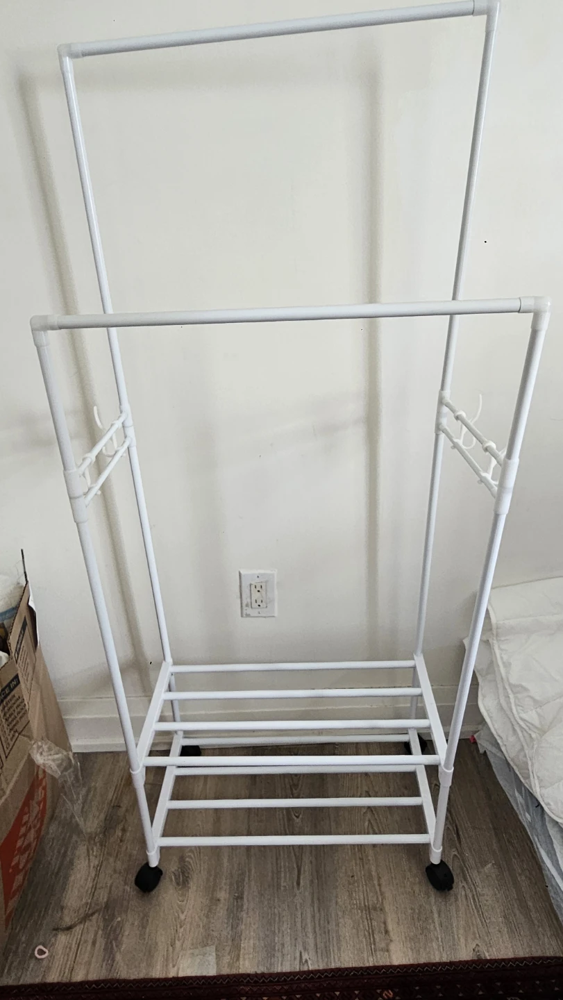 White Metal Garment Rack with Shelves and Wheels - photo 2