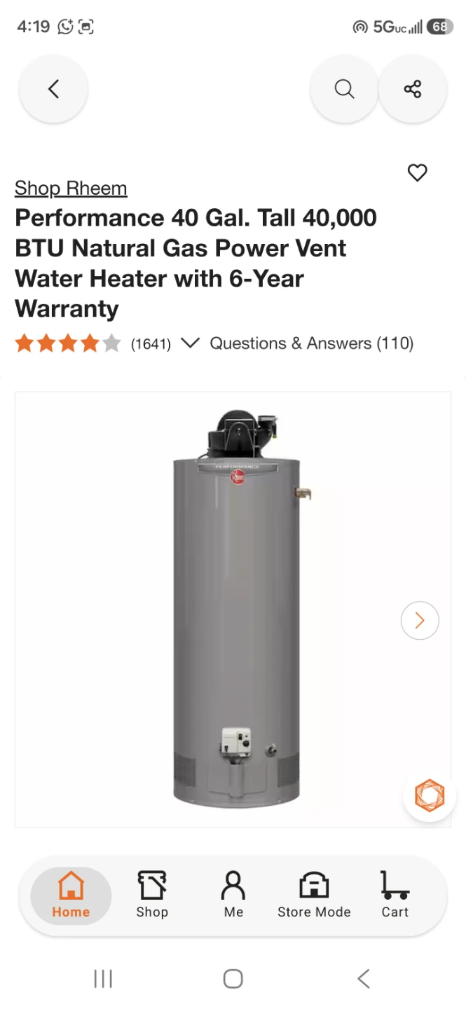 Rheem performance 40 gallon natural gas water heater power vent - photo 2
