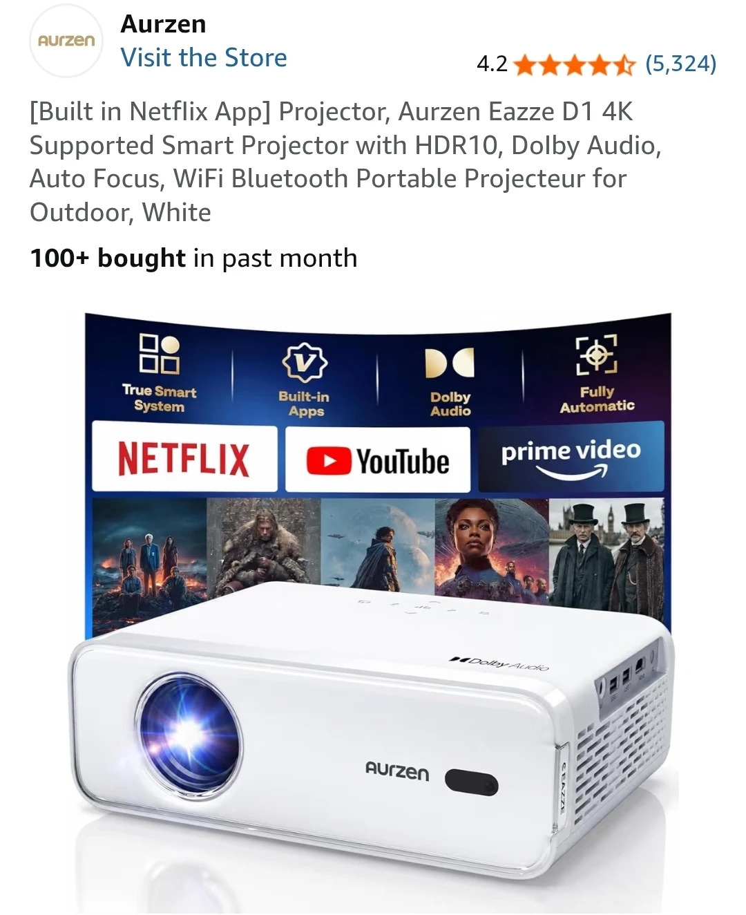 Aurzen Eazze D1 4K Supported Smart Projector HDR10, DoIby Audio