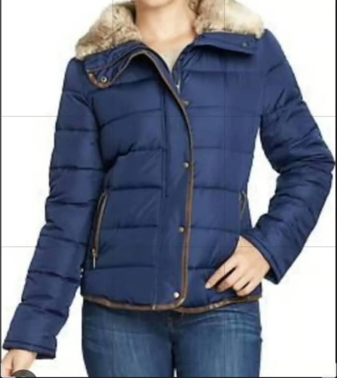 Navy puffer jacket with faux fur collar