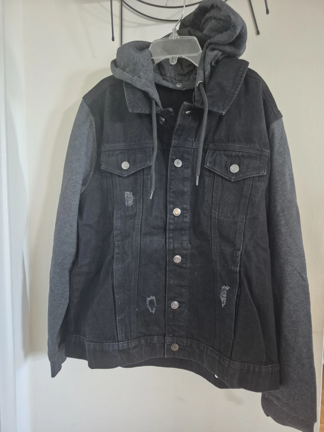 Men's Black Denim & Grey Hooded Jacket