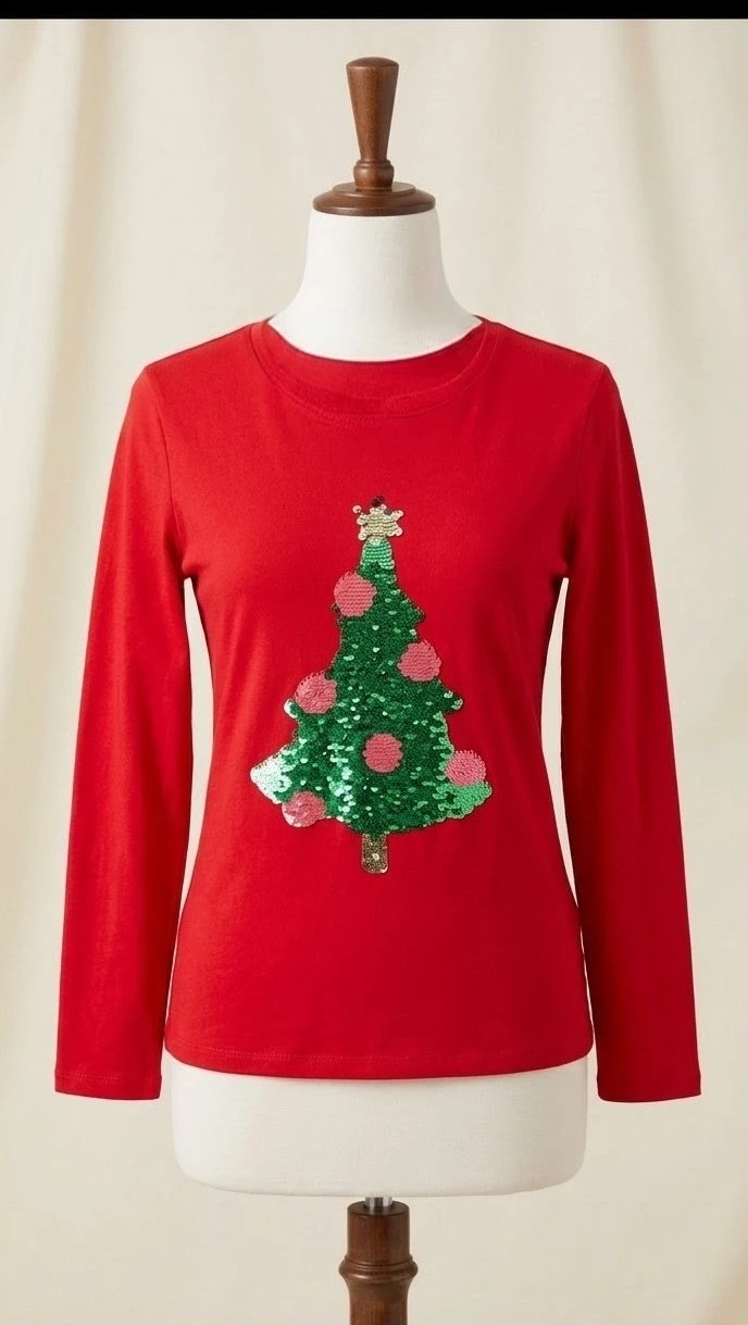 Girls Red Christmas Tree Sequined Shirt