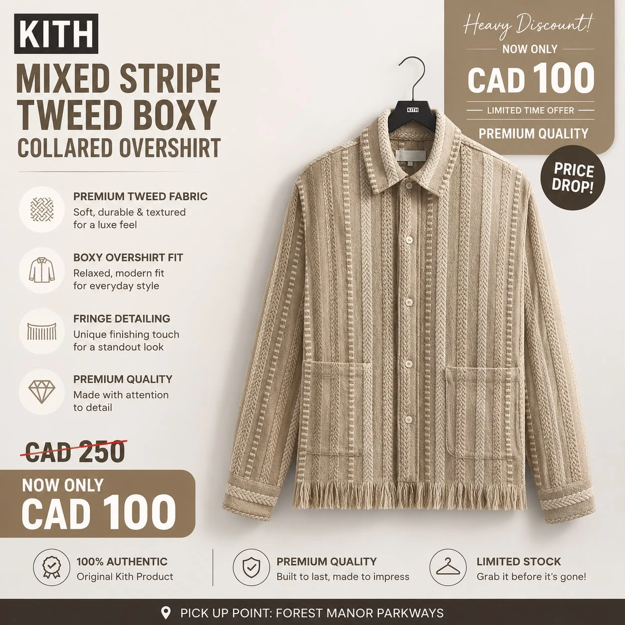 Kith Mixed Stripe Tweed Boxy Collared Overshirt - Size L - photo 4