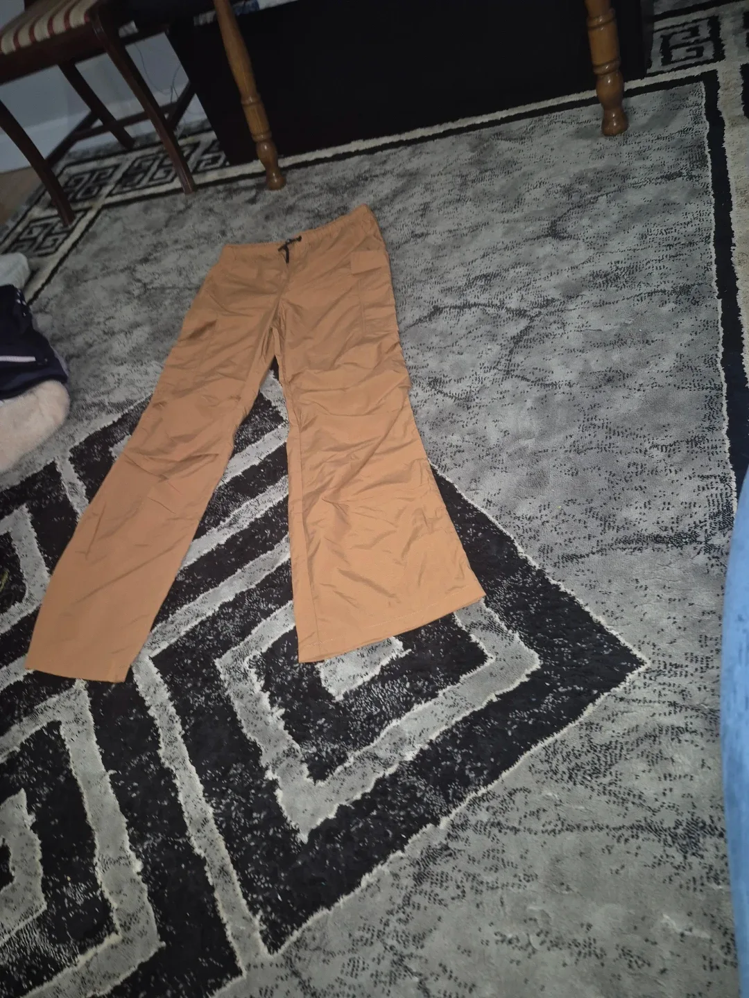 Tan wide leg cargo pants and white athletic shirt