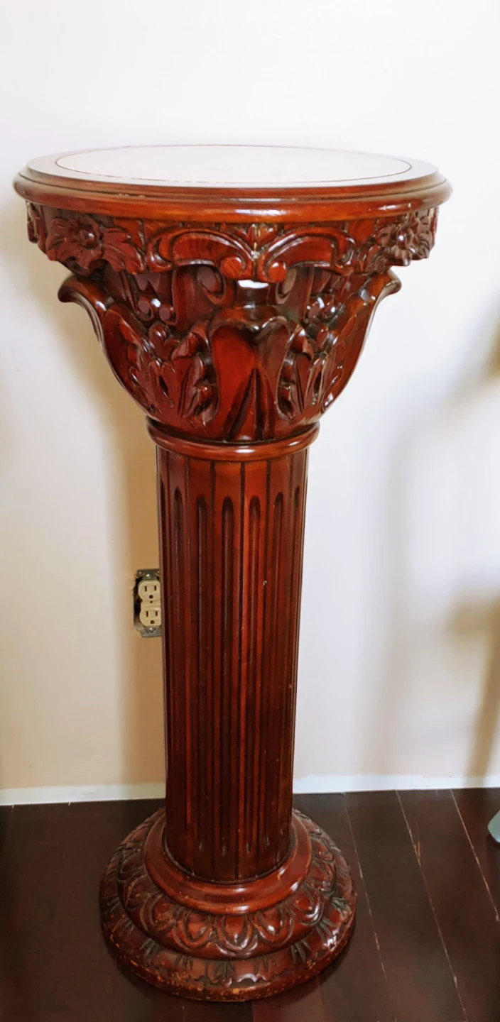 Ornate Wood Pedestal Stand with Marble Top