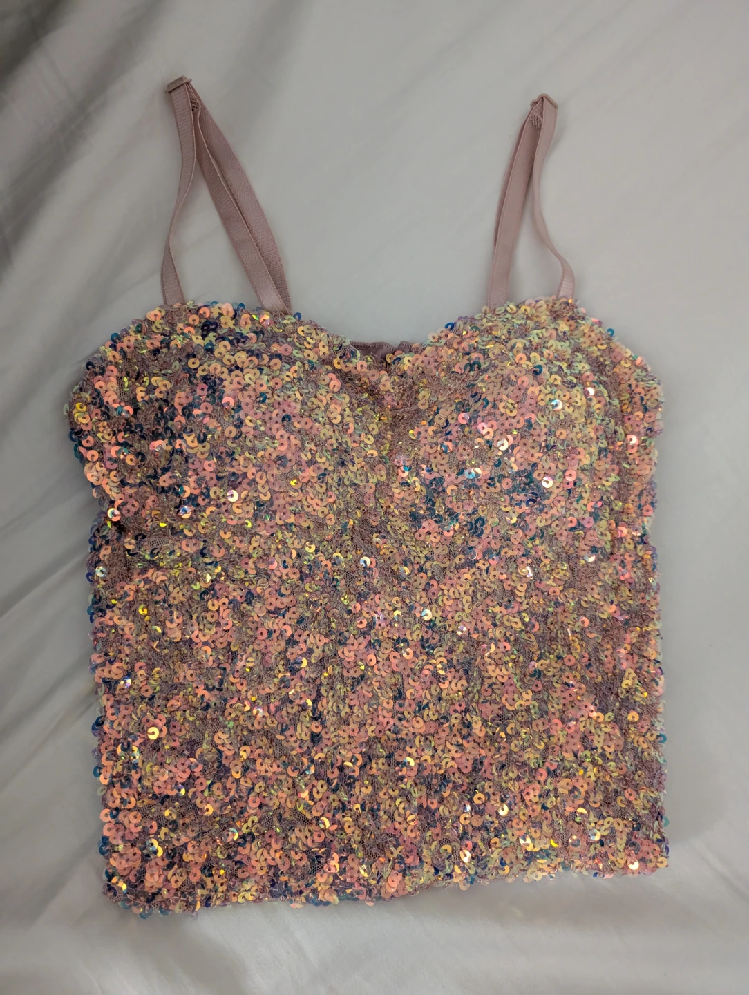 Pink Shiny Sequin Smocked Cami Corset Top for Concerts Parties
