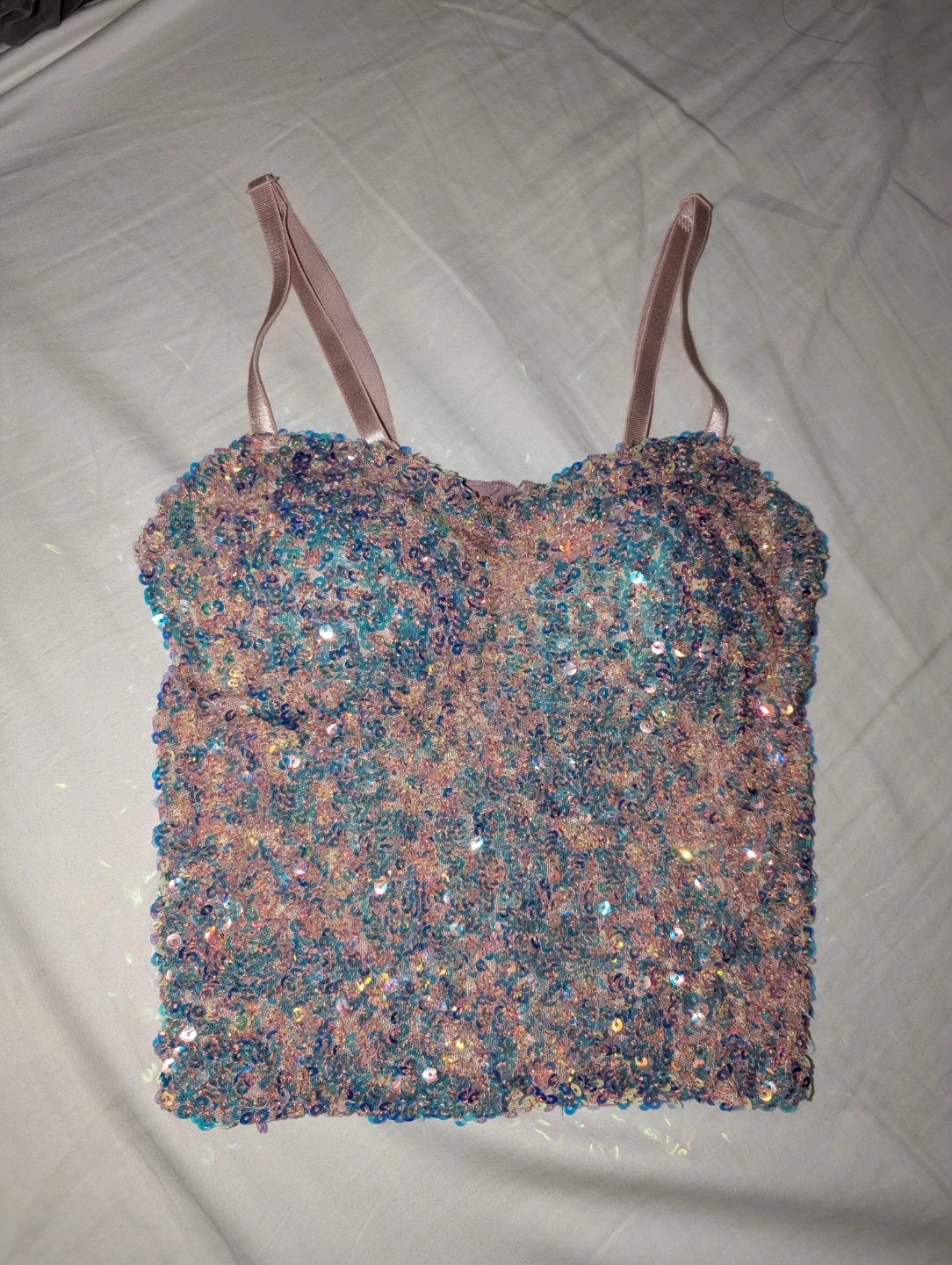 Pink Shiny Sequin Smocked Cami Corset Top for Concerts Parties - photo 2