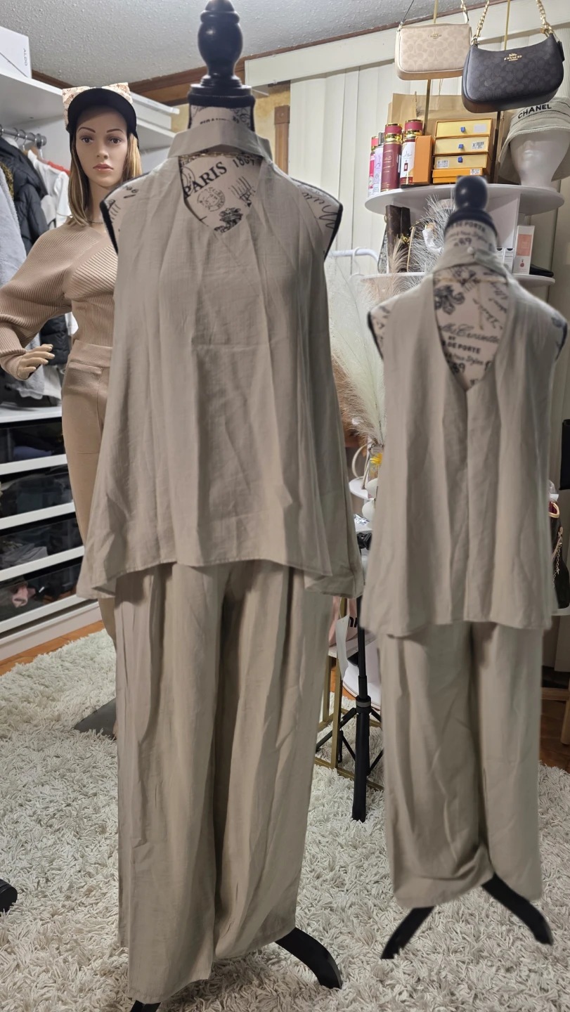 Beige Linen-Look Sleeveless Top and Pants Set