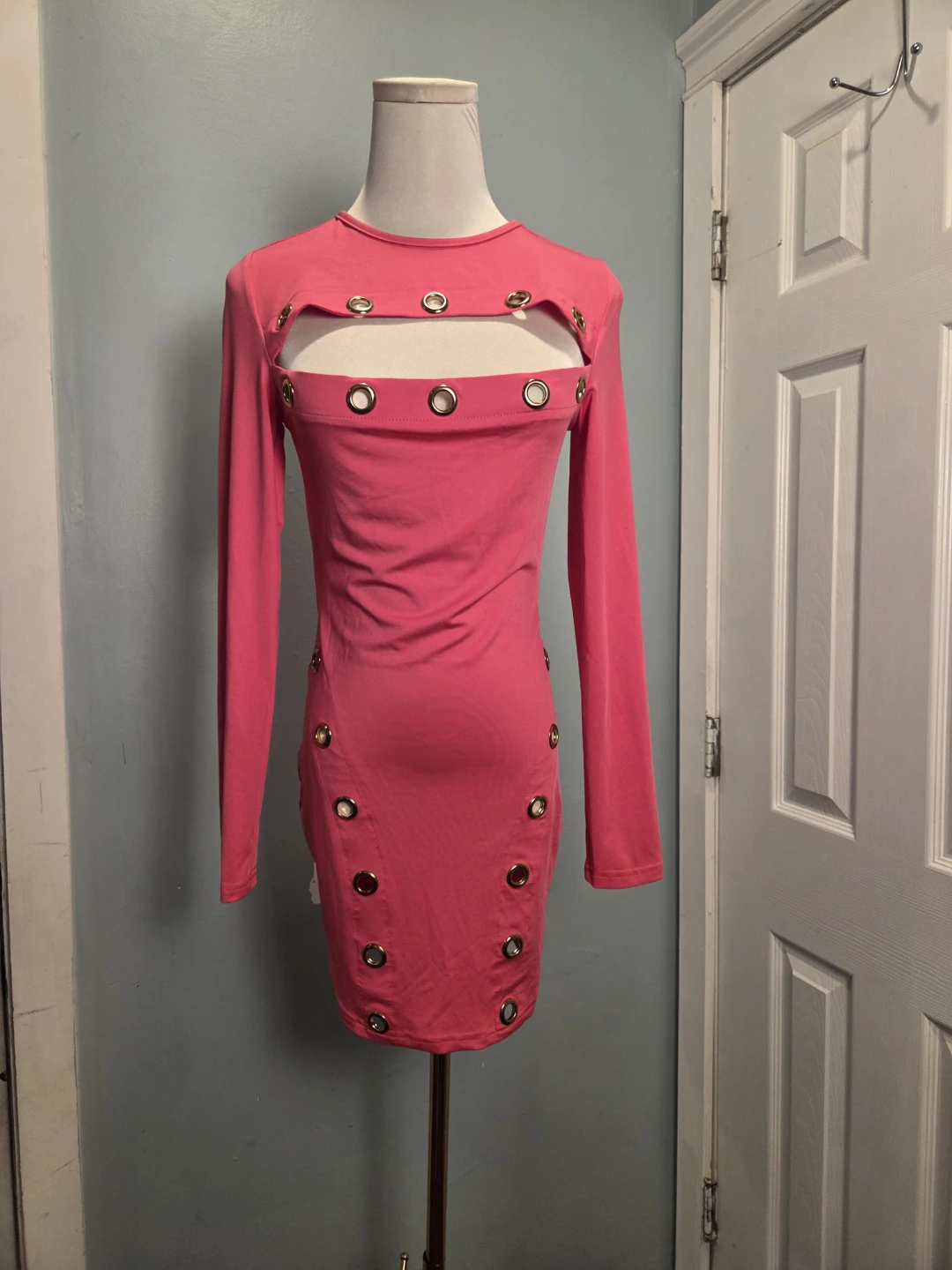 Pink Cutout Eyelet Detail Long Sleeve Mini Dress XS