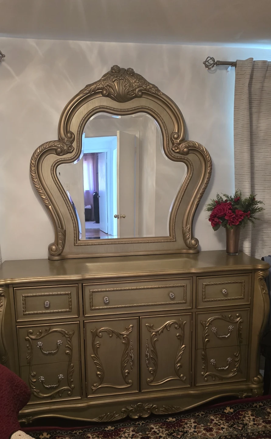 French Provincial Ornate Gold Dresser with Mirror