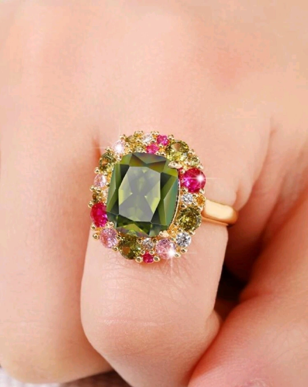 Statement Ring with Green and Multicoloured Gemstones