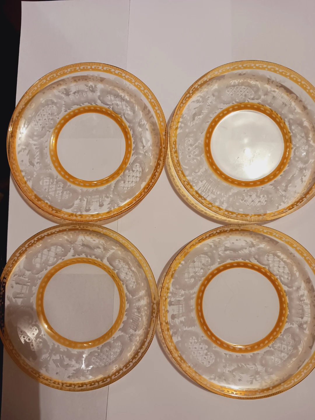 Set of 4 Crystal Glass Etched  Plates with Gold Trim