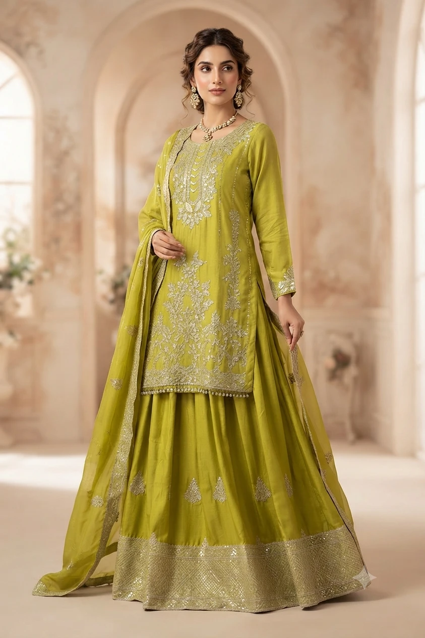 Women's Lime Green Embroidered Kurti Skirt Set