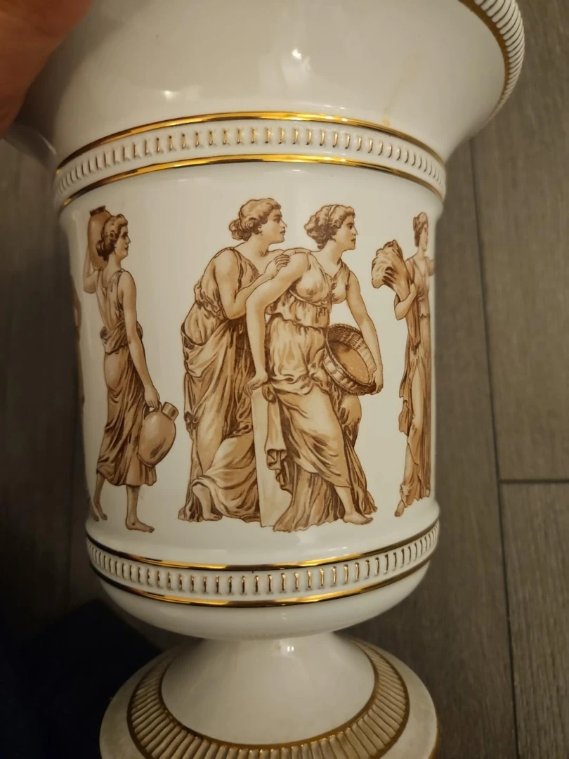 White Ceramic Urn with Gold Trim and Classical Figures - photo 2