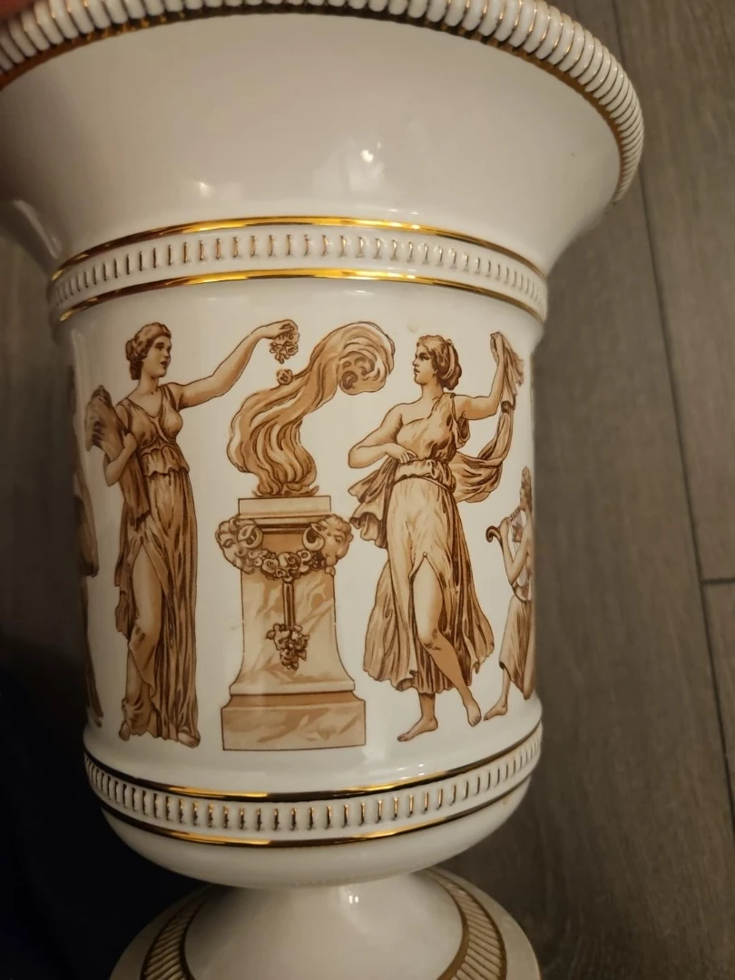 White Ceramic Urn with Gold Trim and Classical Figures - photo 3