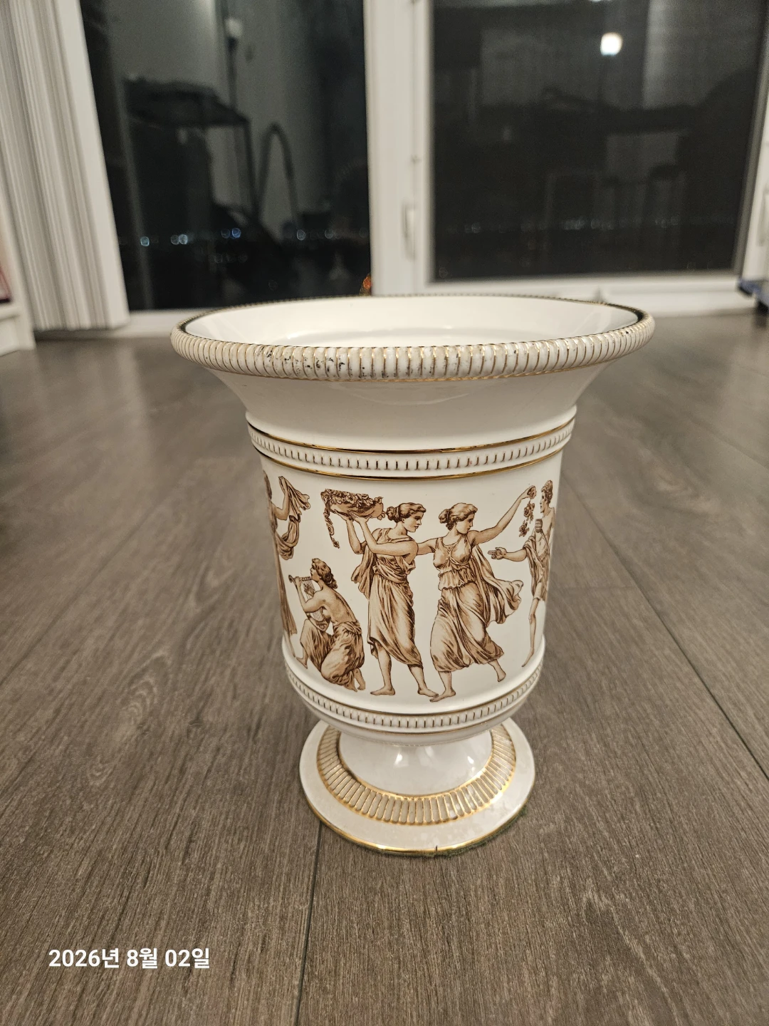 White Ceramic Urn with Gold Trim and Classical Figures - photo 4