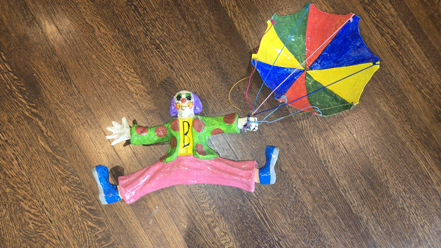 Mexican Folk Art Paper Mache Hanging Parachute Clown Mobile