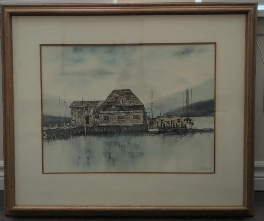 Framed Watercolour Painting of Waterfront Building