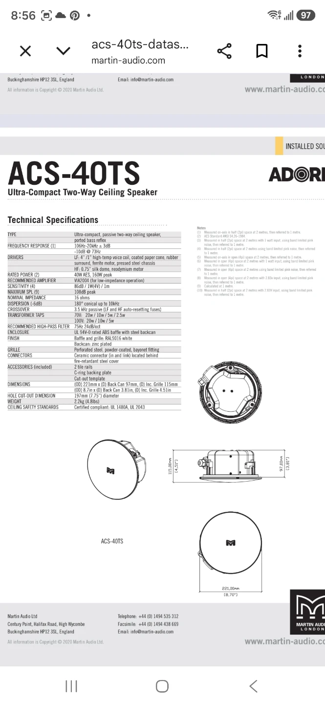 Martin Audio ACS-40TS-W 4-Inch Ceiling Speakers, White, Pair - photo 4