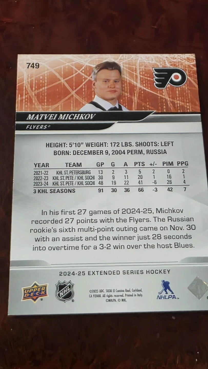 Matvei Michkov Flyers Hockey Card 2024-25 - photo 2