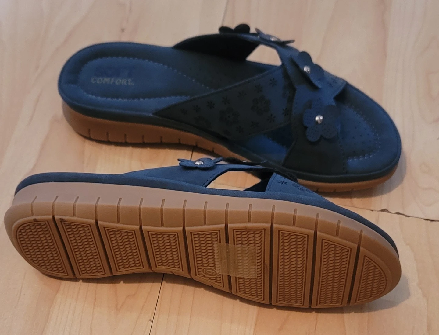 Soft Comfort Blue Slide Sandals with Flowers - photo 3