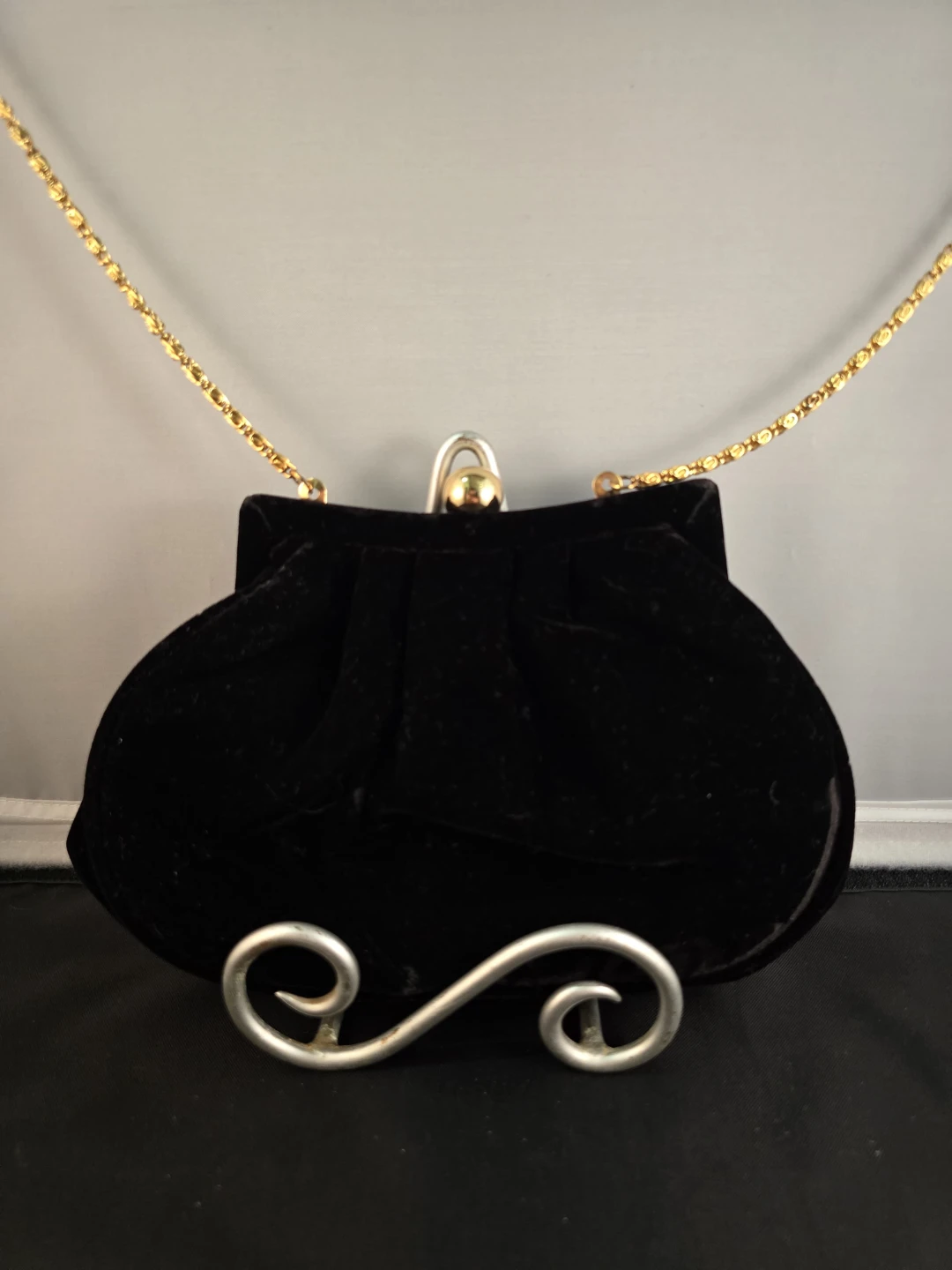 Black Velvet Evening Clutch with Gold Chain