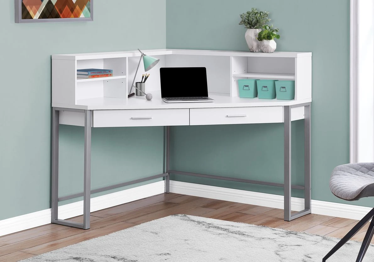 White Corner Desk with Hutch and Drawers