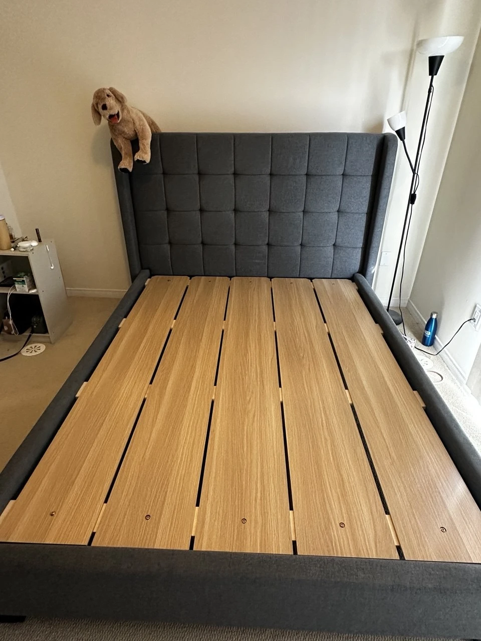 Modern Grey Upholstered Queen Bed Frame with Wingback Headboard