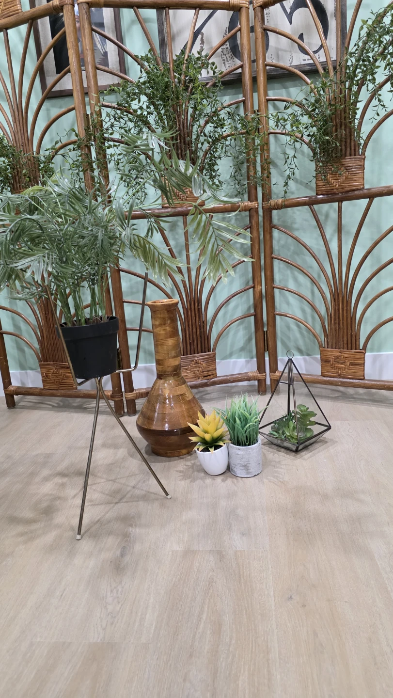 Faux plants, wood vase, vintage brass plant tripod stand - photo 2