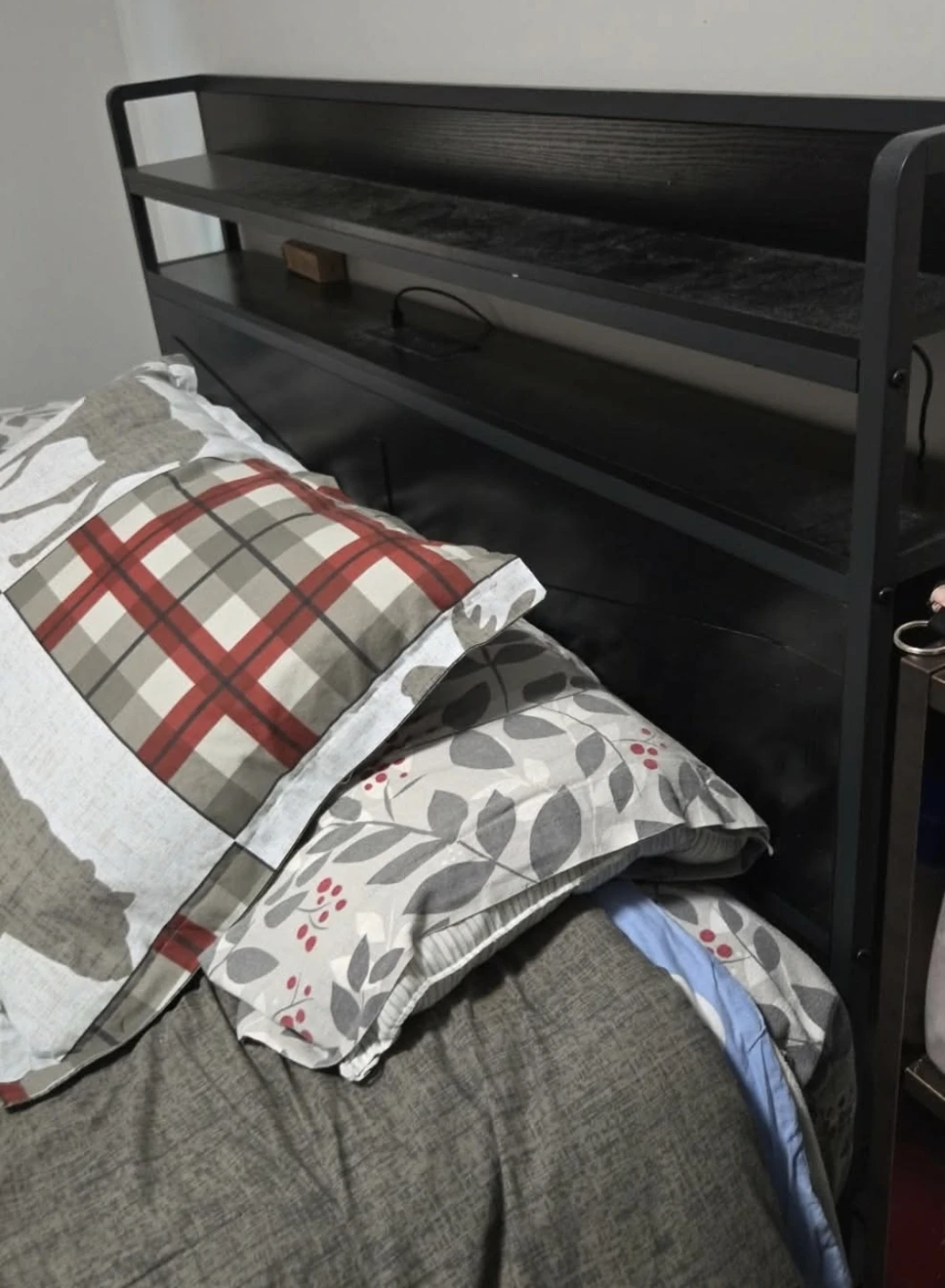 Black Metal Bed Frame with Headboard Shelving and LED Lights - photo 2