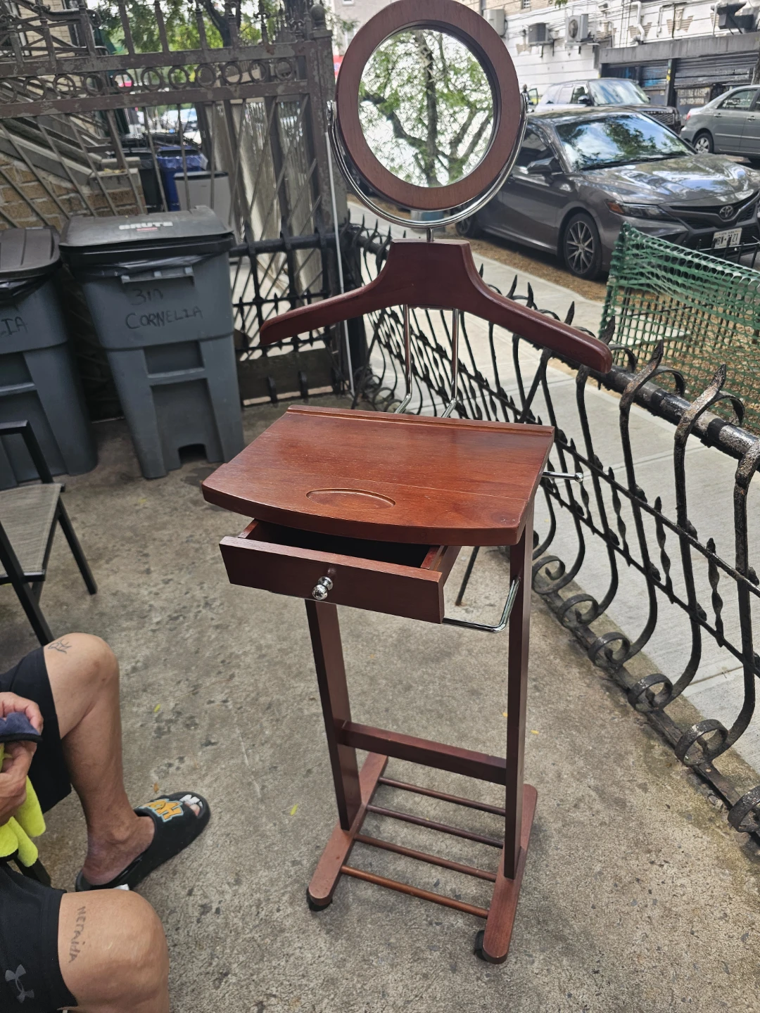 Wooden Valet Stand with Mirror and Drawer
