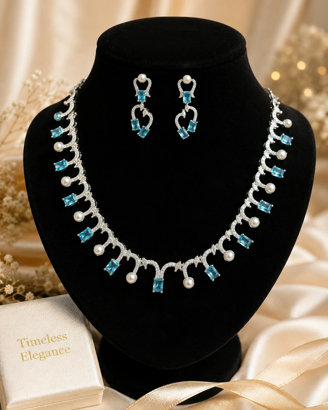 ✨ Elegant Blue Stone & Pearl Necklace Set ✨