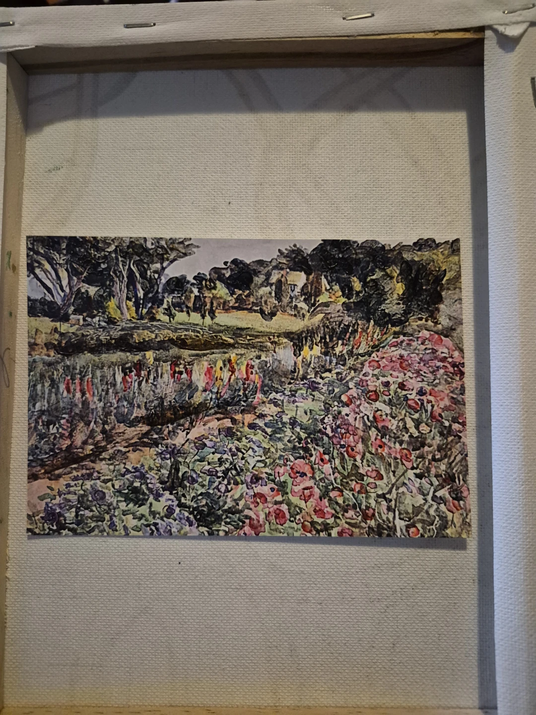 Painting on canvas with floral and garden scene