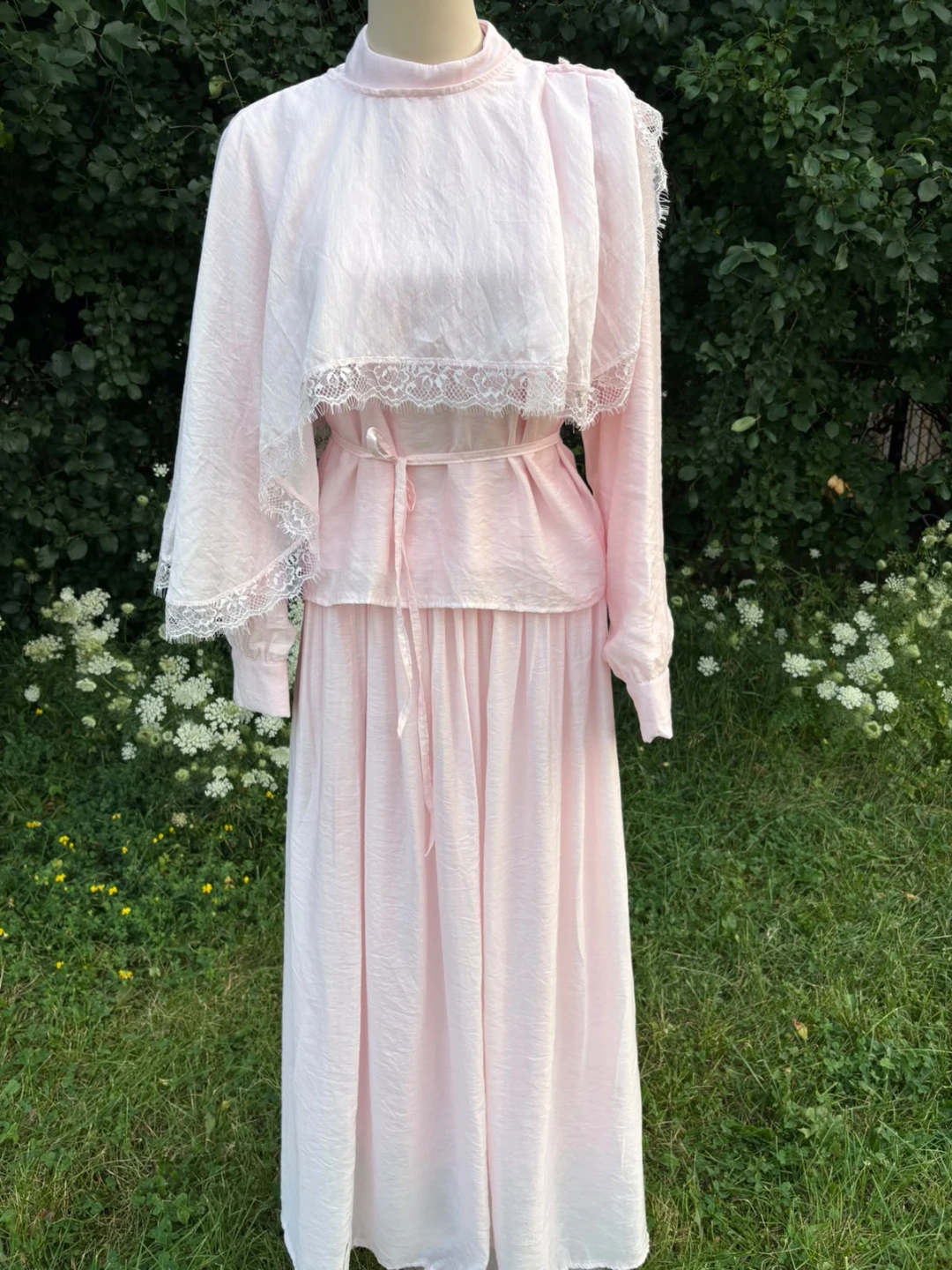 Pink modest dress with lace trim