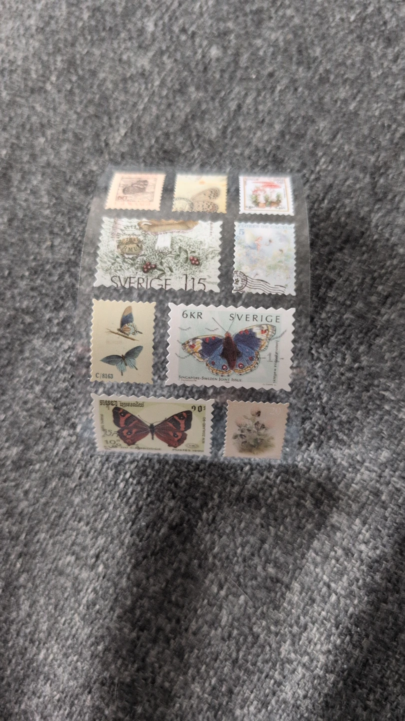 Sheet of decorative stamps (not real) with butterflies