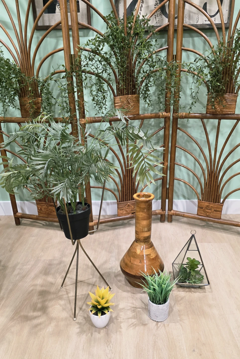 Faux plants, wood vase, vintage brass plant tripod stand - photo 3