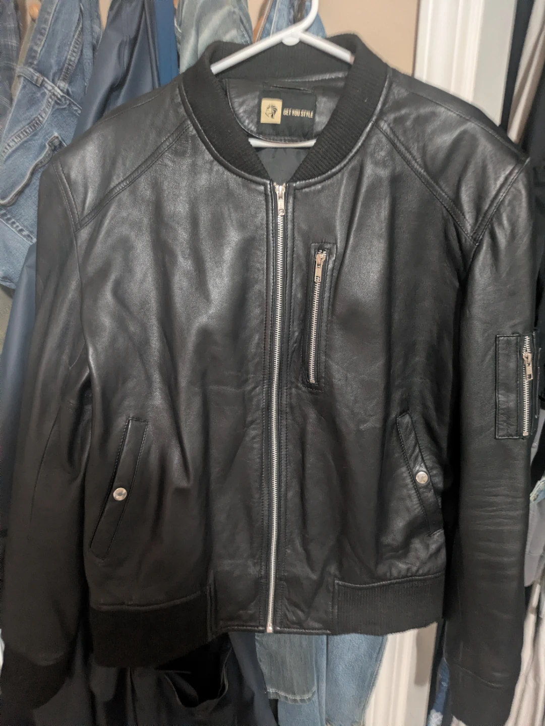 GET YOU STYLE Black Leather Bomber Jacket - photo 4