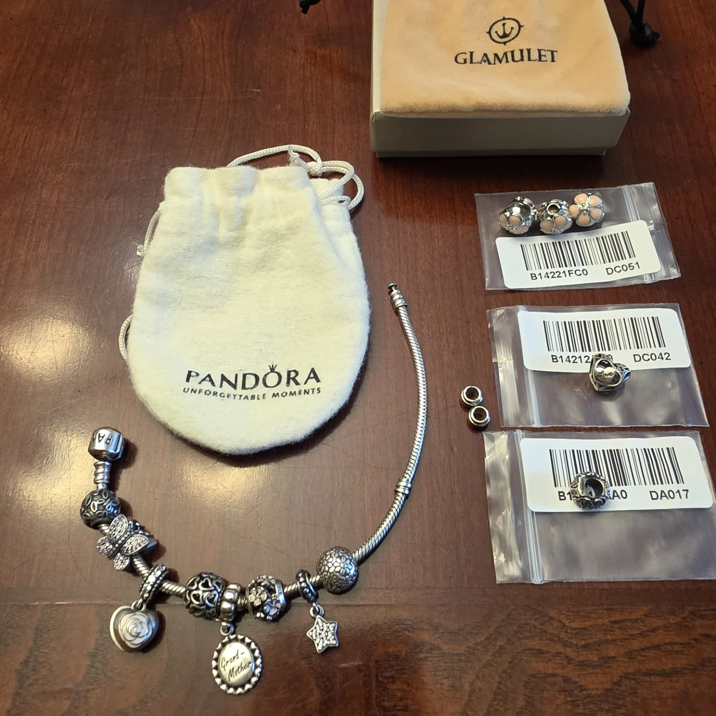 Authentic Pandora Sterling Silver Bracelet + 14 Charms - EUC