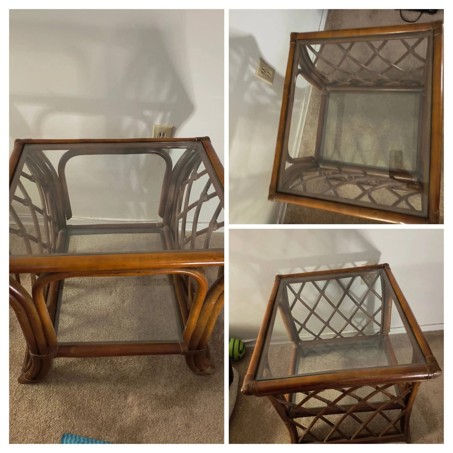 Rattan End Table with Glass Top and Glass Shelf